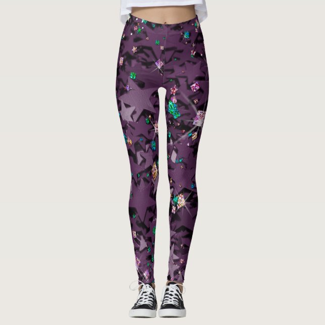 Leggings Étoiles Parkly Violettes Et Multinolores (Devant)
