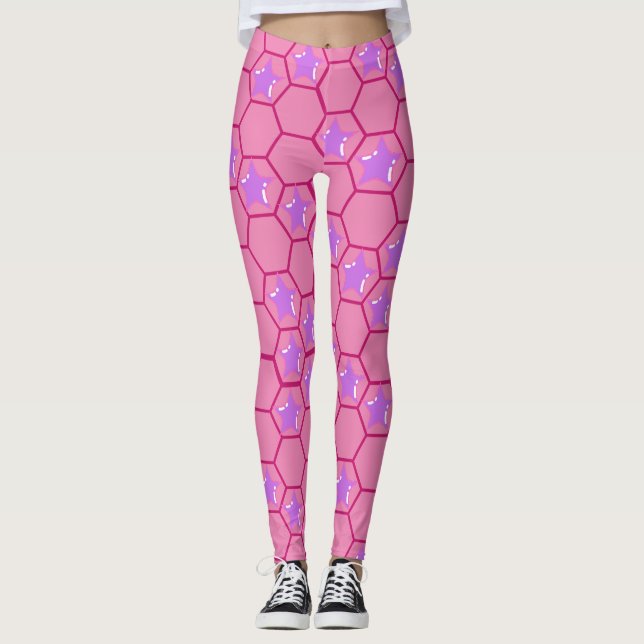 Leggings étoiles roses dans un nid d'abeille fuchsia (Devant)