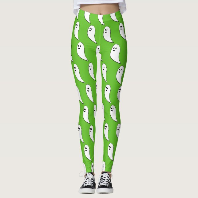 Leggings Fantôme Halloween blanc mignon vert motif (Devant)