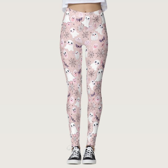 Leggings Fantômes roses et éléments d'Halloween Motif sans  (Devant)