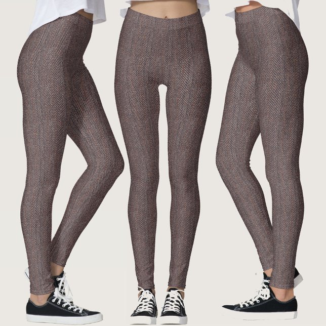 Leggings Faux Brown Herringbone Tweed Motif Fabric Art (Faux Brown Herringbone Tweed Pattern Fabric Art Leggings)