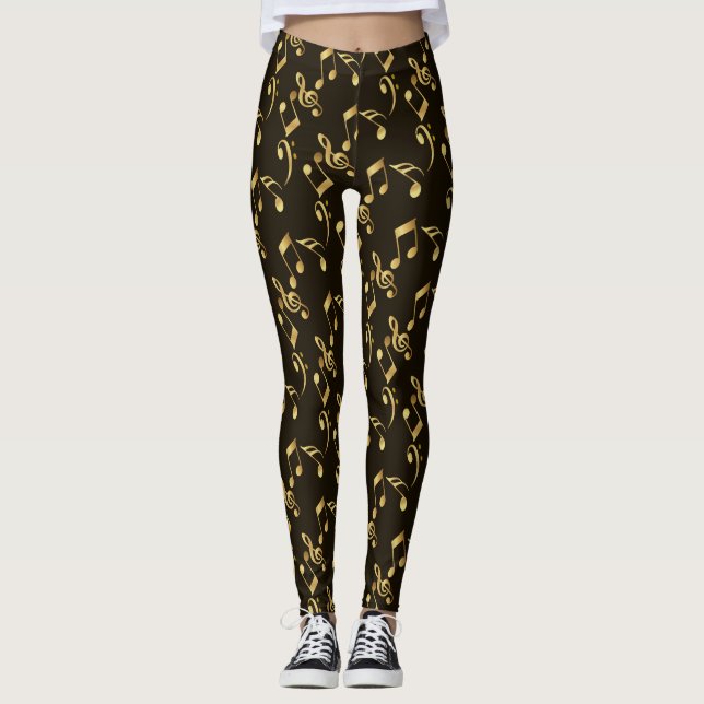 Leggings Faux notes de musique or sur le noir brun (Devant)