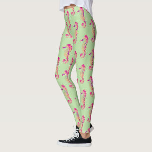 Leggings Faux Pailletage Doré et Hippocampe de Mer Rose et 