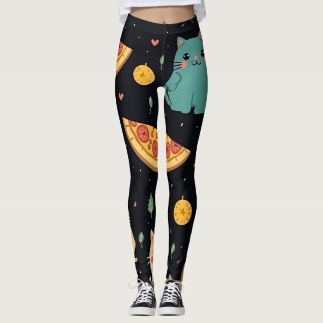 Leggings féminin Chat et Pizza Imprimer (Devant)
