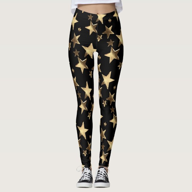 Leggings Festifs Black Gold Étoiles de Noël (Devant)