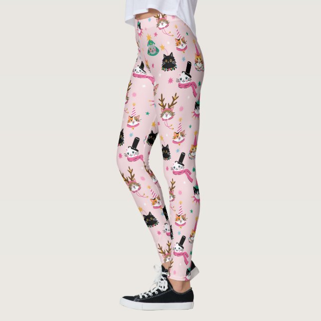 Leggings Festive Chat Faces en Motif Casquette de vacances (Gauche)