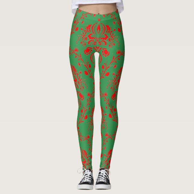 Leggings Festive Holiday Green et Red Damask (Devant)