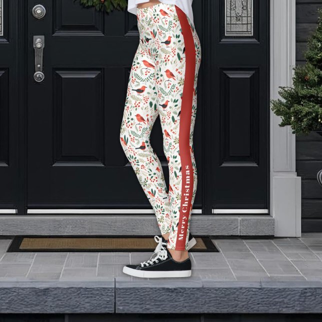 Leggings Festive Red Christmas Holly Berries Oiseaux verts (Créateur téléchargé)
