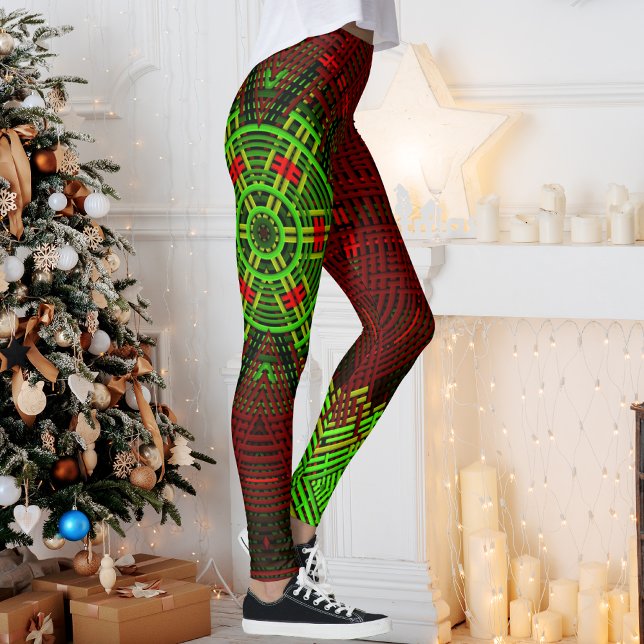 Leggings Festive Weave Mandala Rouge et vert (Créateur téléchargé)