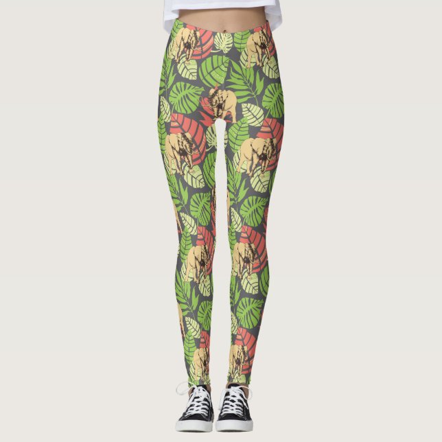 Leggings Feuille et éléphants exotiques 2 de jungle (Devant)