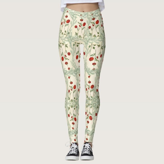 Leggings feuille et fleur rouge style japonais (Devant)