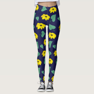 Leggings Feuille fleurie jaune imprimé sur marine