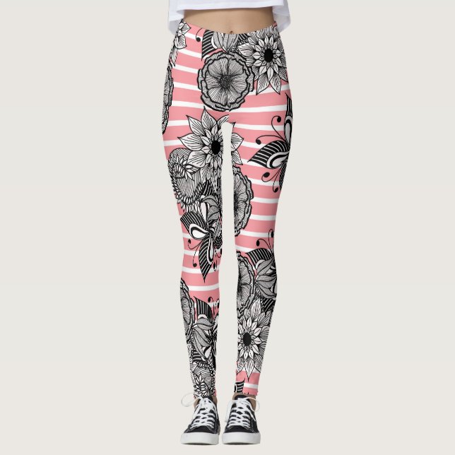 Leggings Feuille Girly moderne de fleurs et rayures roses (Devant)