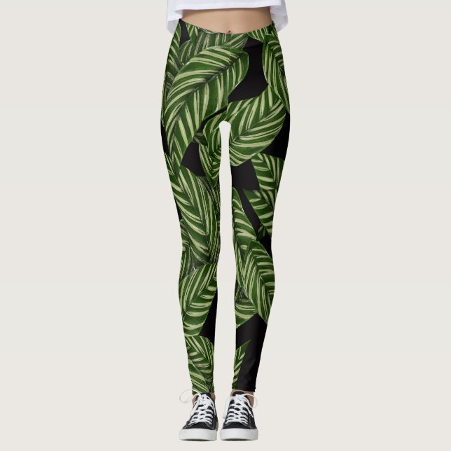 Leggings Feuille vert tropical noir (Devant)