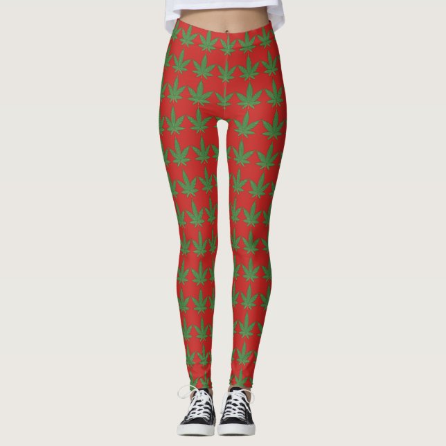 Leggings Feuille verte de mauvaises herbes sur rouge (Devant)