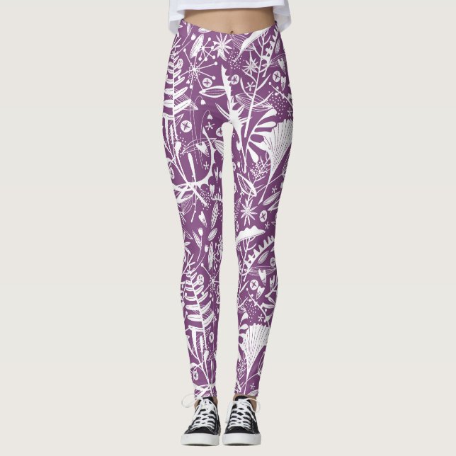 Leggings Feuilles botaniques et fleurs pourpres (Devant)