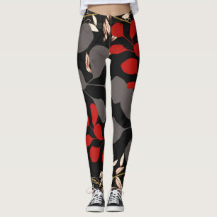 Leggings Feuilles botaniques florales noires rouges grises