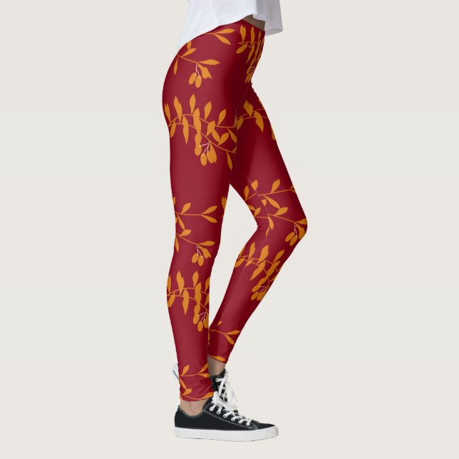 Leggings Feuilles de branches de silhouette orange sur roug (Droite)