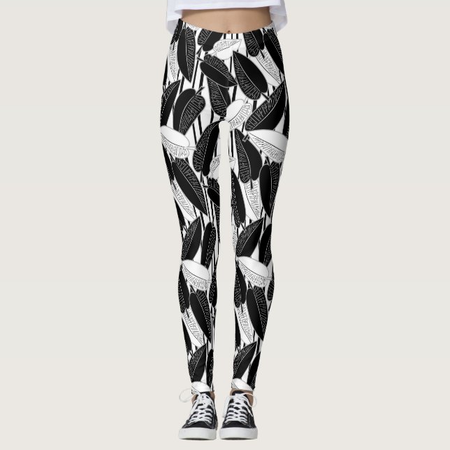 Leggings Feuilles de ficus noir moderne abstrait rayé p (Devant)