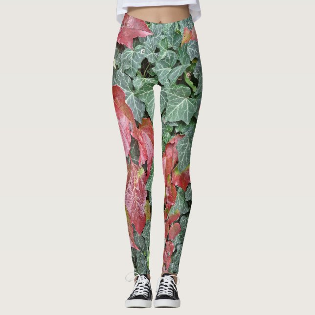Leggings Feuilles de lierre vert rouge automne saison (Devant)