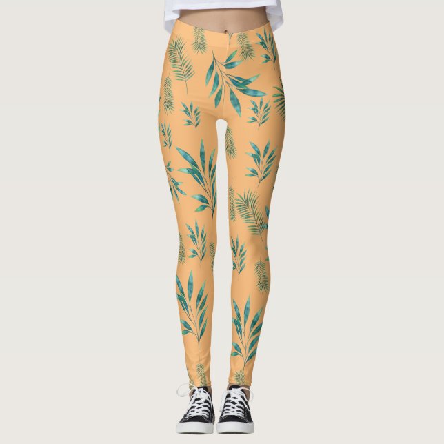 Leggings Feuilles de palmiers orange et vert (Devant)