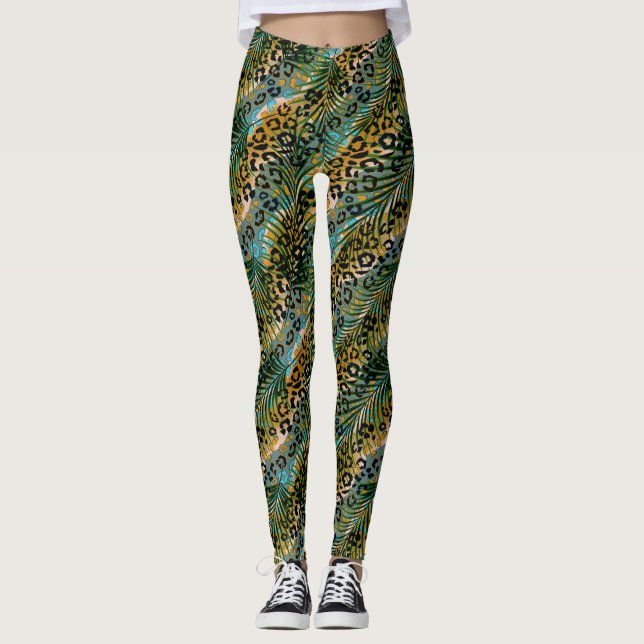 Leggings Feuilles de palmiers sur un arrière - plan léopard (Devant)