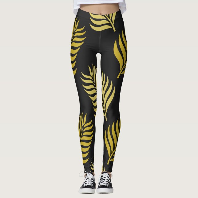 Leggings Feuilles d'or sur arrière - plan noir (Devant)