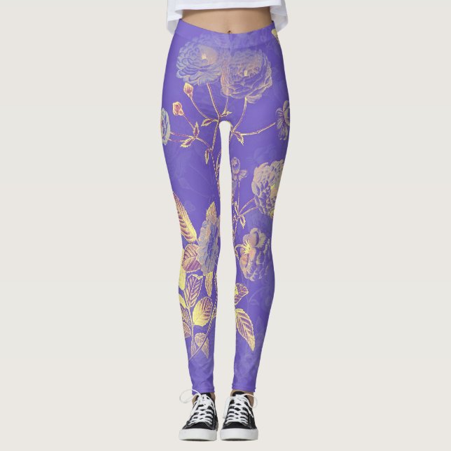 Leggings Feuilles D'Or Sur Arrière - plan Violet (Devant)