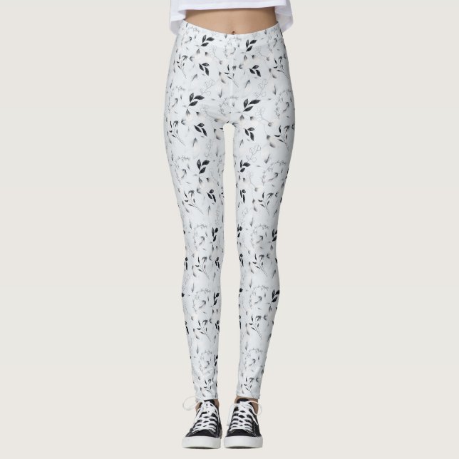 Leggings Feuilles floraux gris argenté noir blanc (Devant)