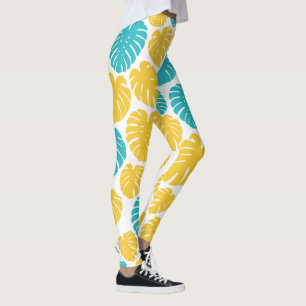 Leggings Feuilles Monstera en Turquoise, Jaune et Blanc