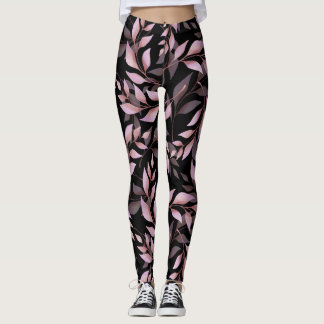 Leggings Feuilles pastel rose sur noir