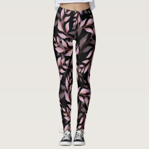 Leggings Feuilles Rose Pastel sur Fond Noir 