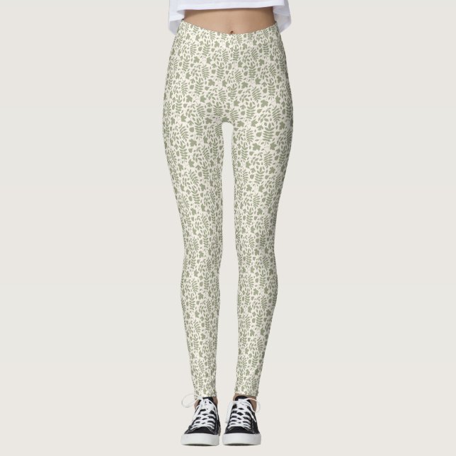 Leggings Feuilles tombés Sml Motif Vert sur crème (Devant)