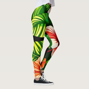 Leggings Feuilles tropicaux colorés et fleurs d'Hibiscus