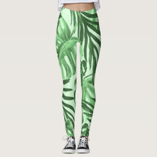 Leggings Feuilles tropicaux et fleurs, motif aquarelle.