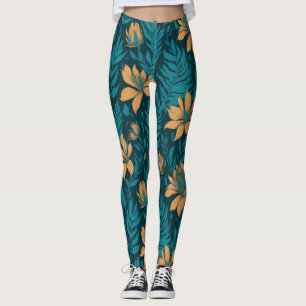 Leggings Feuilles Turquoises tendance Orange Tropical Flora