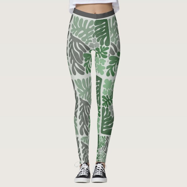 Leggings Feuilles vertes et grises de la botanique Imprimer (Devant)