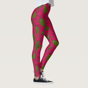 Leggings Feuilles verts Holly et baies sur rose