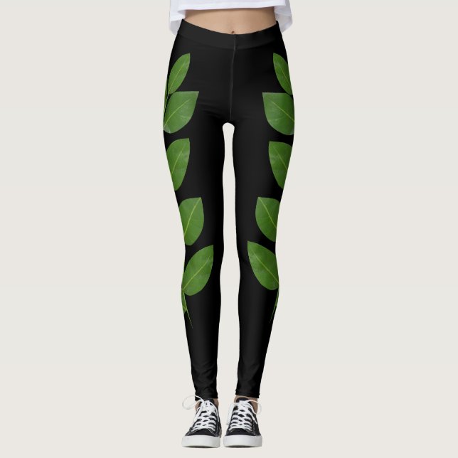 Leggings Feuilles verts modernes Laurel en noir (Devant)