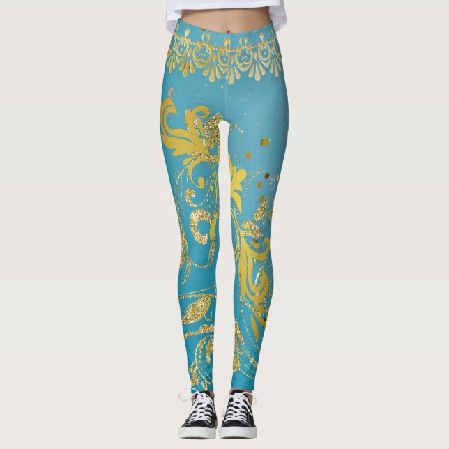 Leggings Fille Turquoise Parties scintillant Or Ombre Bleu (Devant)