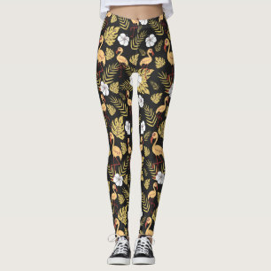Leggings Flamant rose continu motif fleurs jaune et blanc