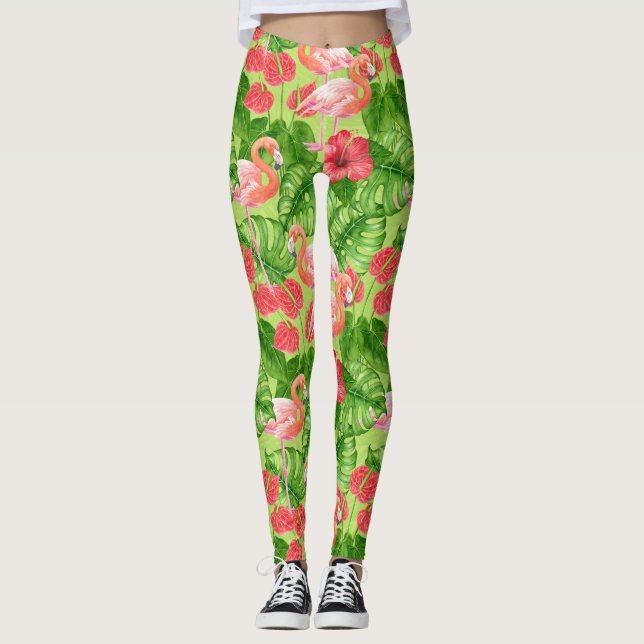 Leggings Flamant rose et plantes tropicaux (Devant)