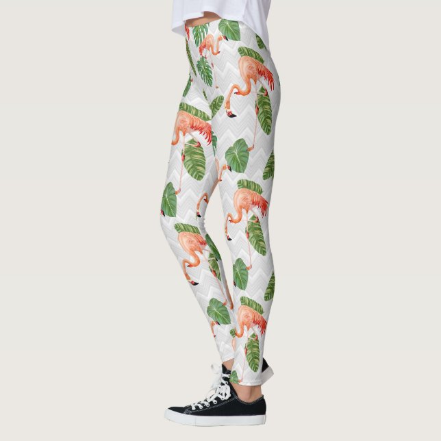 Leggings Flamant rose Oiseau Tropical Banana Leaf Chevron M (Gauche)