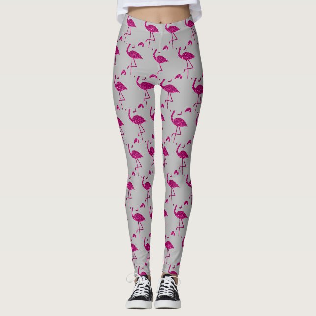 Leggings Flamant rose pailleté motif rose gris (Devant)