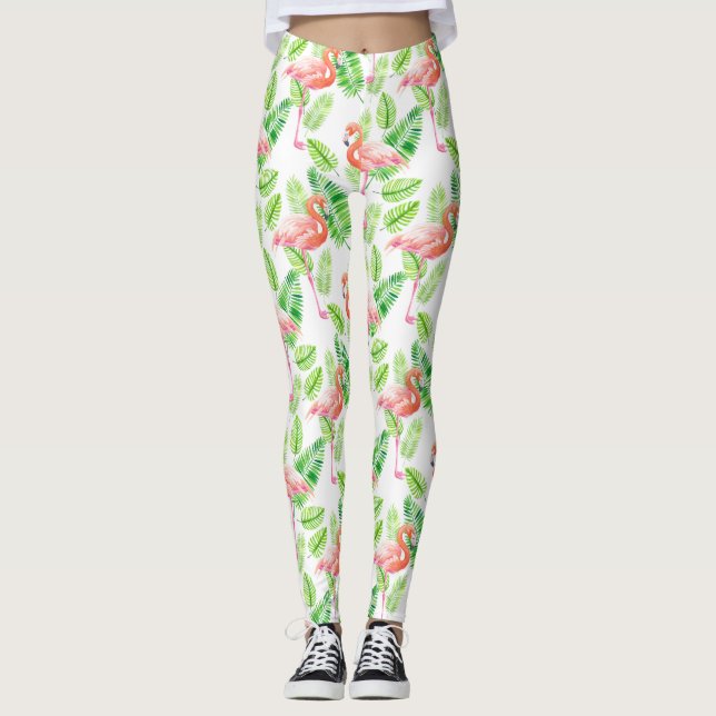 Leggings Flamants roses et feuilles tropicaux (Devant)