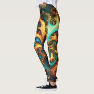 Leggings Flames de couleur : Turquoise, or, Danse Fractale 