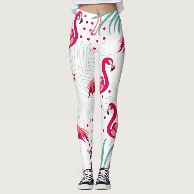 Leggings Flamingo tropical et feuille, motif d'été. (Devant)