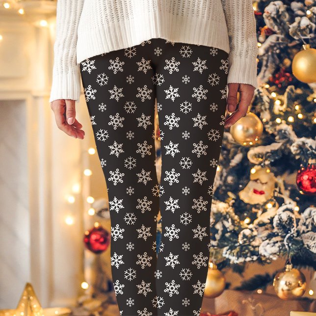 Leggings Flammes De Neige Blanches Sur Noir Mignonne Noël (Créateur téléchargé)