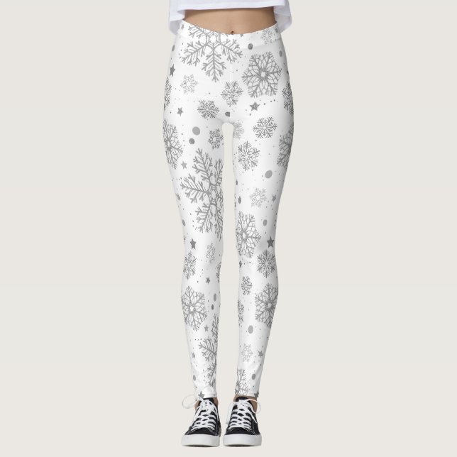 Leggings Flammes de neige en argent sur blanc (Devant)