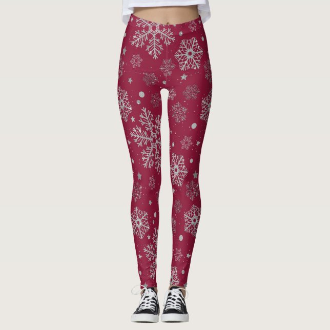 Leggings Flammes de neige en argent sur rouge foncé (Devant)